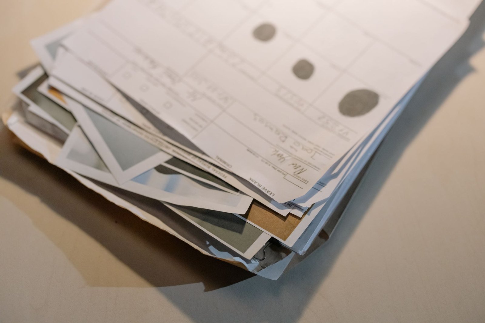 A stack of papers and documents on a desk