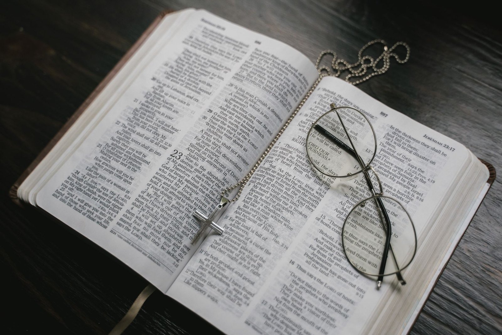 An open Bible with eyeglasses resting on its pages